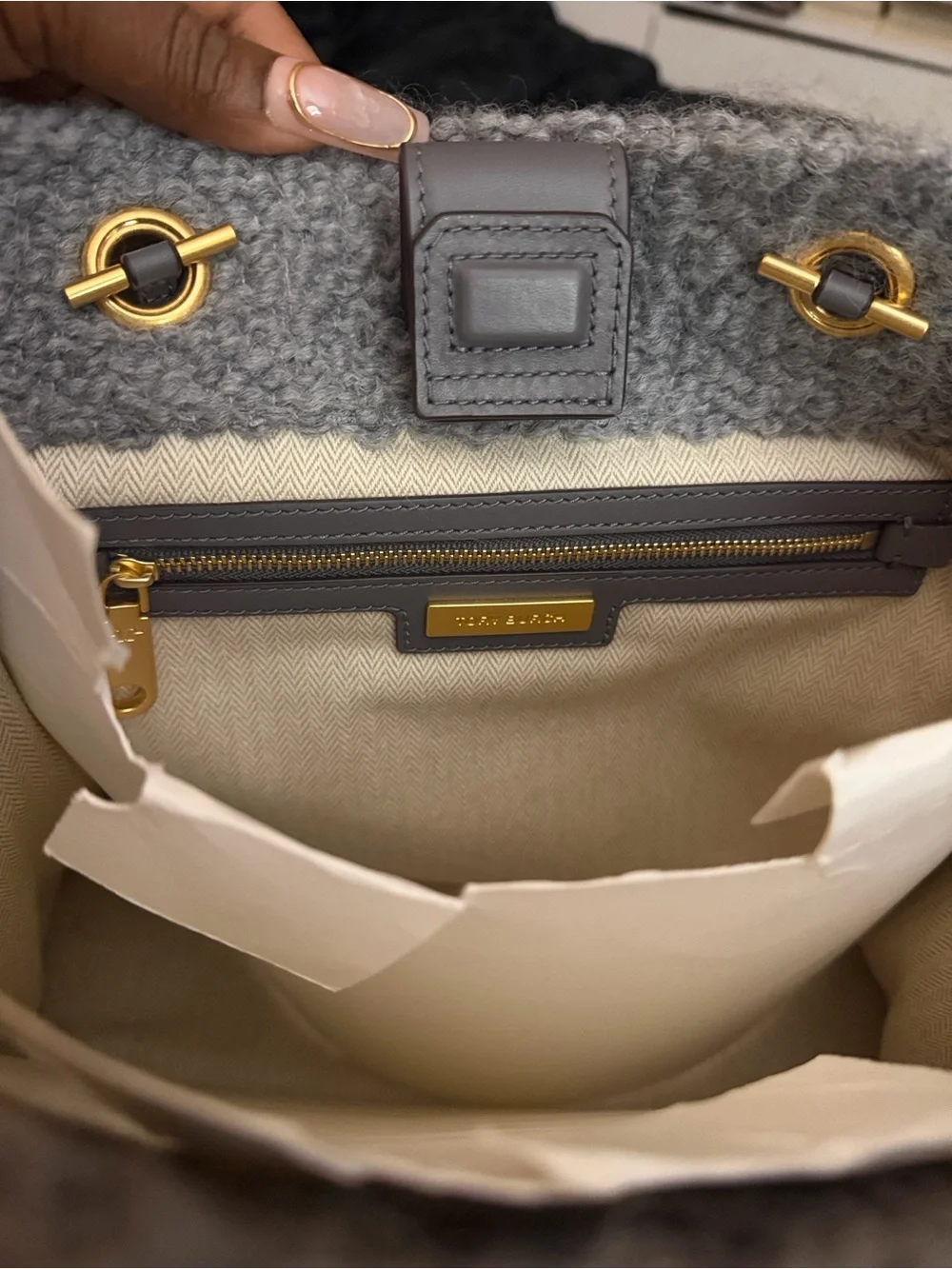 Tory Burch Gray Pebbled Wool Logo Tote with Gold-Tone Accents